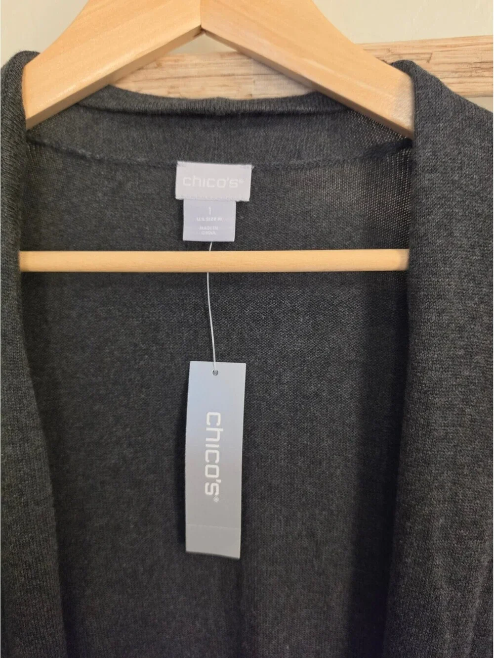 Chico's NWT Charcoal Gray Open Front Cardigan Pearl Pleated Bell Sleeve Sweater